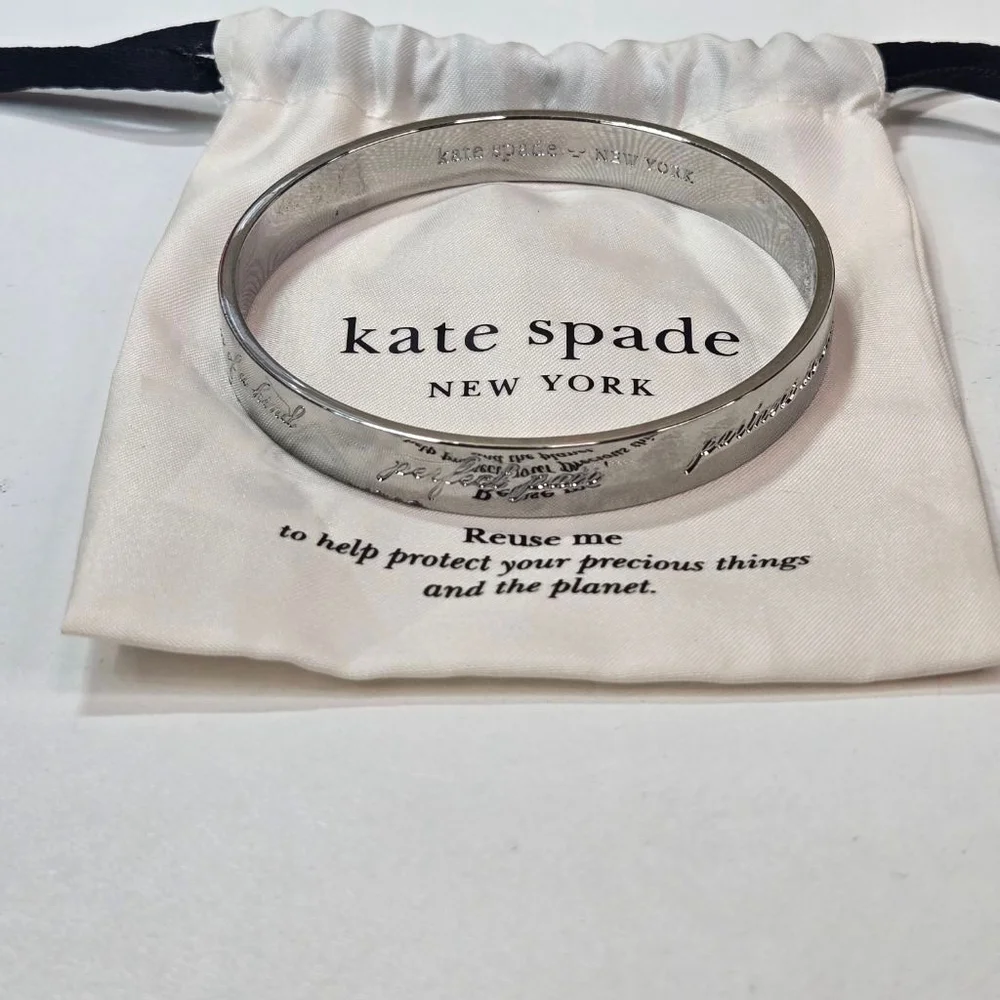 Kate Spade Bracelet Silver Tone Bride Idiom Bangle Engraved Excellent Dustbag